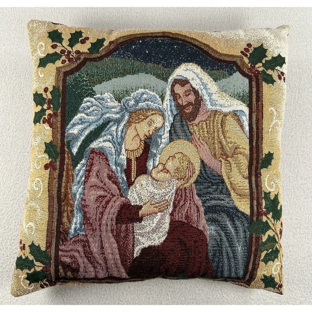VTG Christmas Tapestry Pillow Nativity Scene Mary Joseph Jesus Large 15